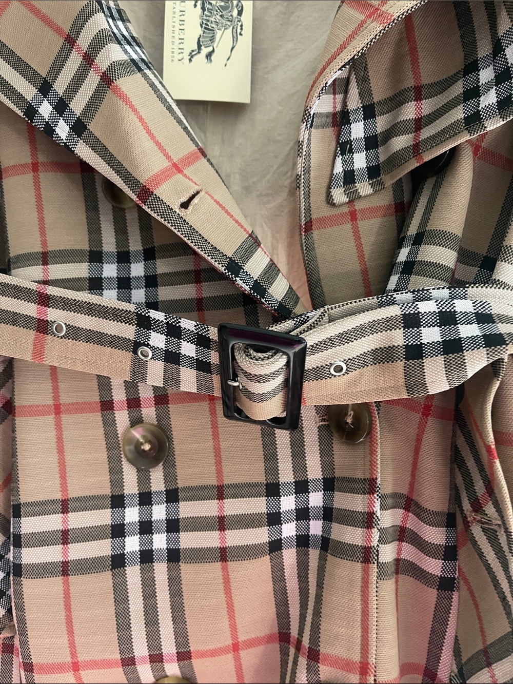 NWT designer Beige Plaid Double-Breasted Trench Coat - Picture 7 of 7